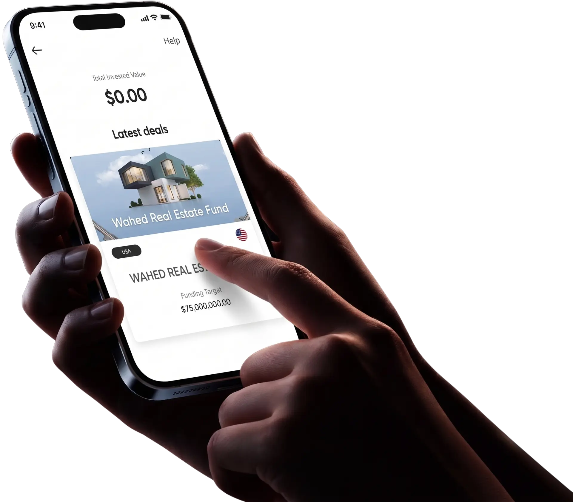 Hand holding a phone showing the Wahed Real Estate Fund app